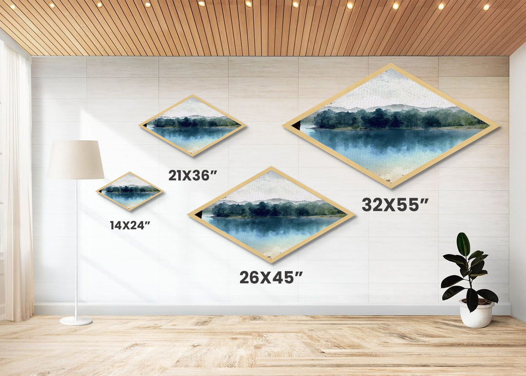 Quiet Riverbank Scene Diamond Shaped Canvas Art Print with woodland nature, blue green forest reflection painting, lakeview serenity