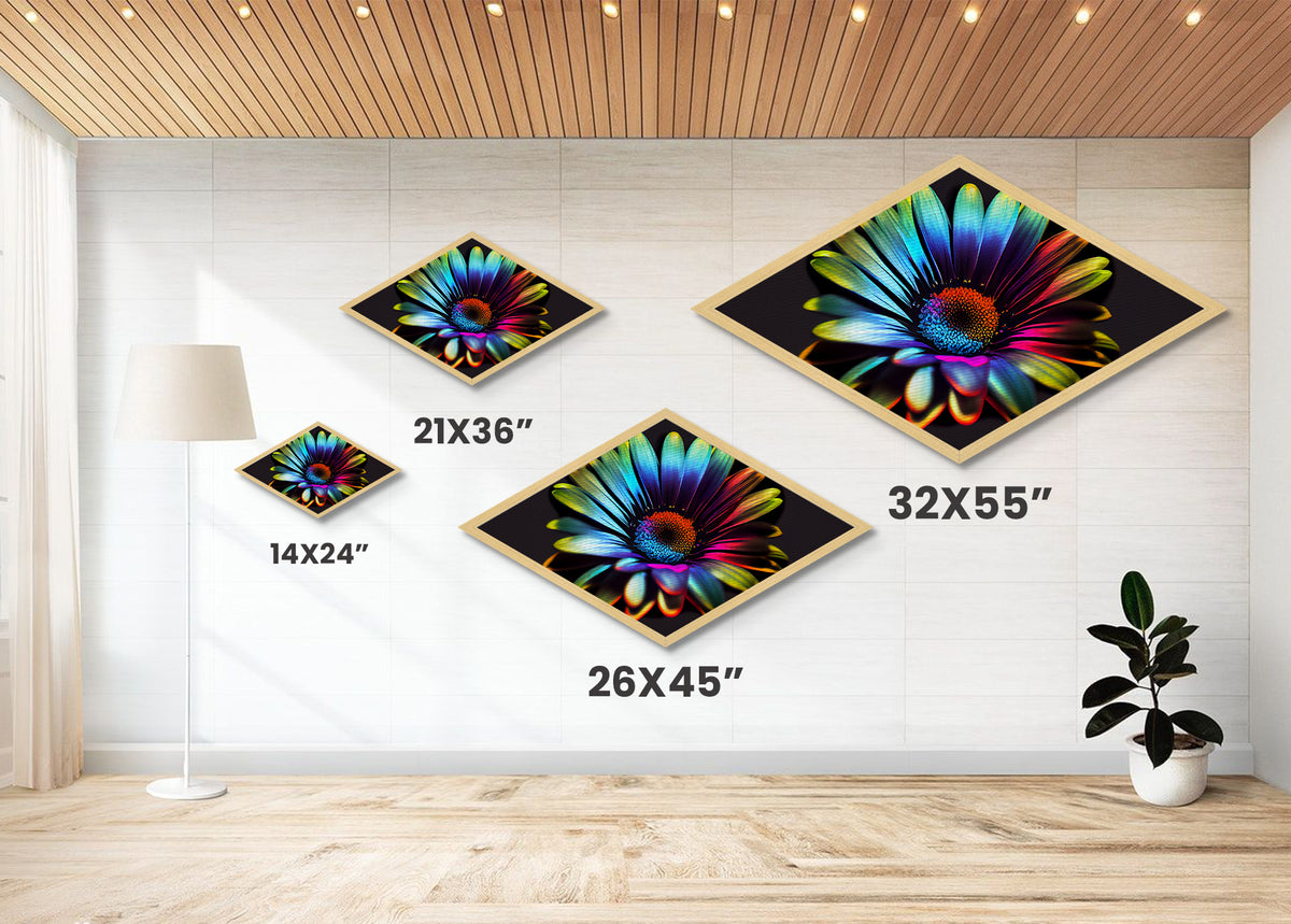 Neon Petal Burst Diamond Shaped Canvas Art Print with vibrant rainbow daisy, dark background floral decor, modern flower wall piece