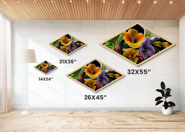 Midnight Bloom Glow Diamond Shaped Canvas Embossed Print with bold floral close-up, colorful petals on black, dramatic flower wall art