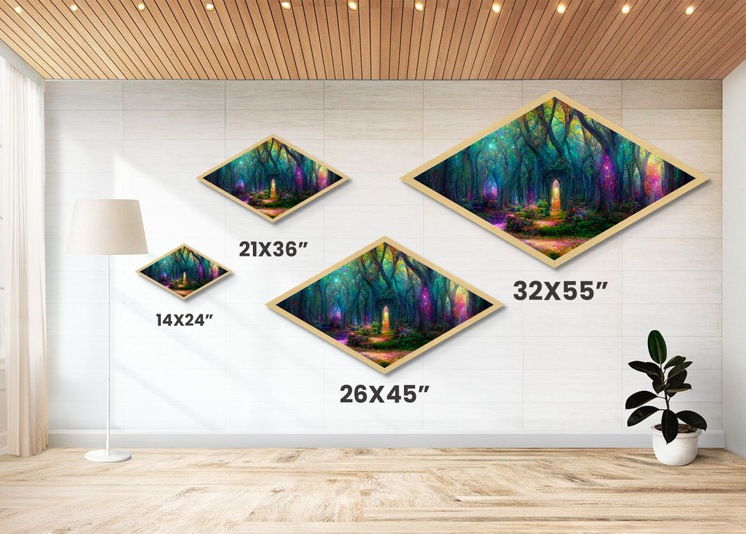 Firefly Glow Forest Diamond Shaped Canvas Art Print, whimsical fairy lights in woods, enchanted mystical woodland fantasy decor