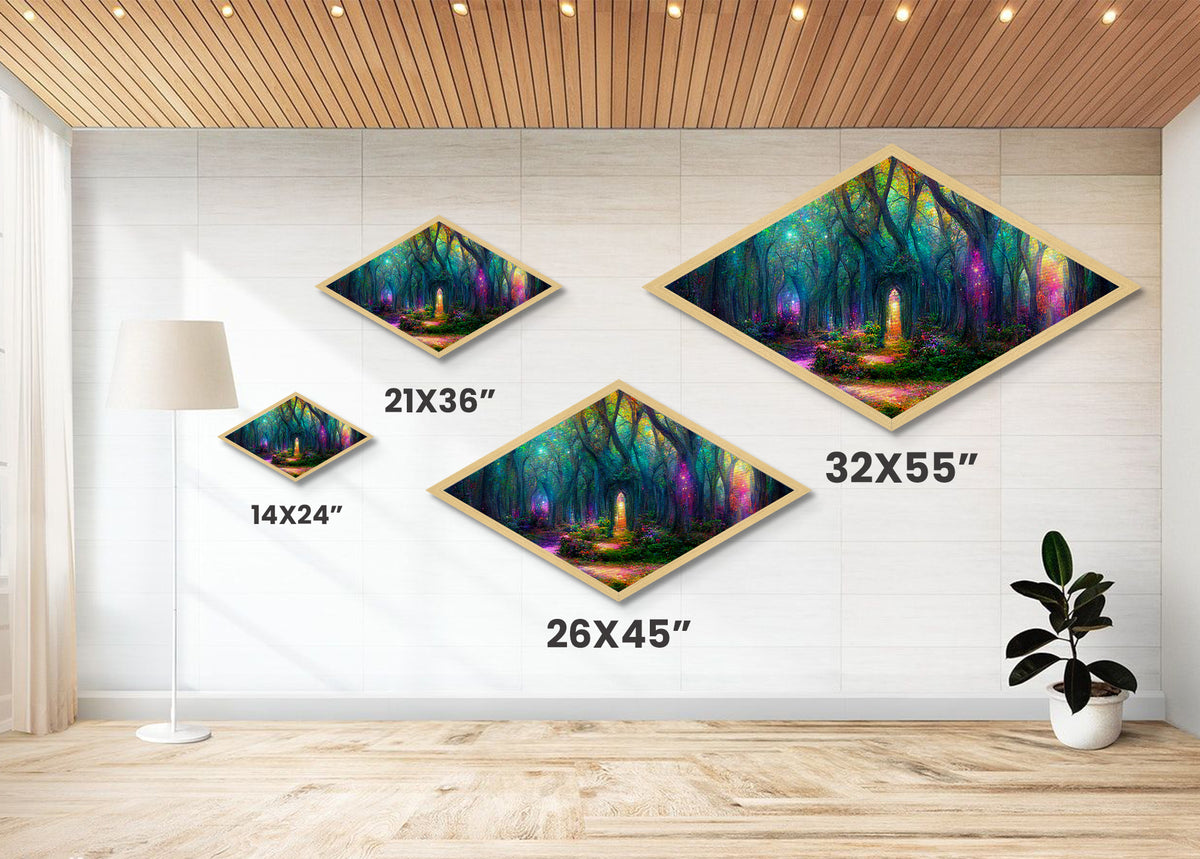Firefly Glow Forest Diamond Shaped Canvas Art Print, whimsical fairy lights in woods, enchanted mystical woodland fantasy decor