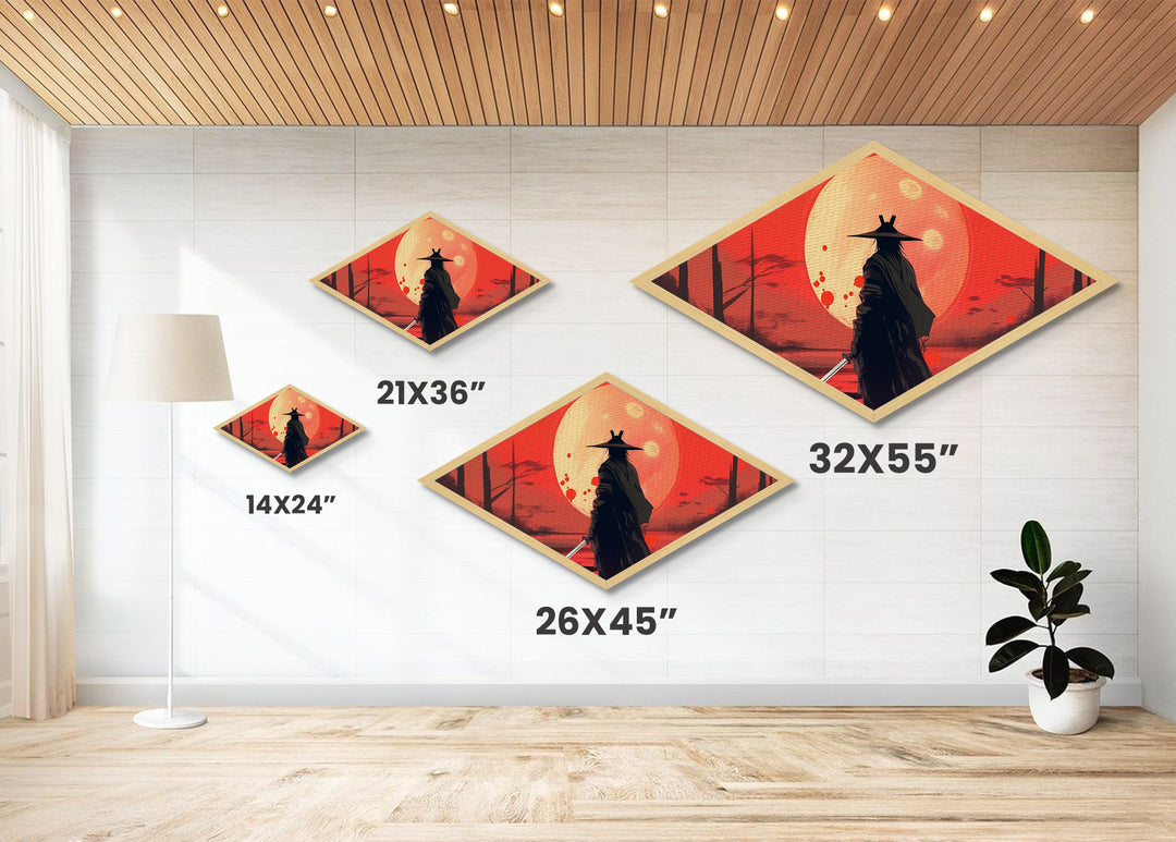 Lone Ronin Eclipse Diamond Shaped Canvas Textured Print, Samurai Sunset Wall Art, Anime Warrior Decor, Japanese Aesthetic Gift
