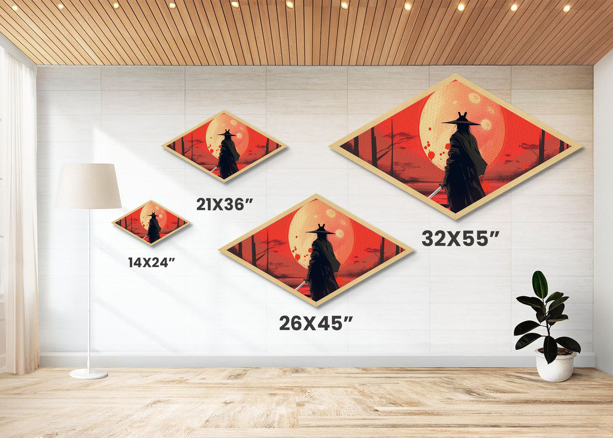 Lone Ronin Eclipse Diamond Shaped Canvas Textured Print, Samurai Sunset Wall Art, Anime Warrior Decor, Japanese Aesthetic Gift