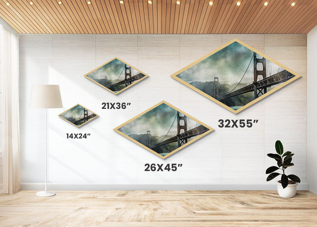 Golden Gate Haze Diamond Shaped Canvas Textured Print, San Francisco Bridge Watercolor, Urban Landscape Art, Travel Lover Gift