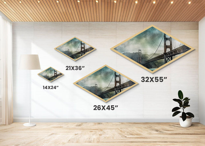 Golden Gate Haze Diamond Shaped Canvas Textured Print, San Francisco Bridge Watercolor, Urban Landscape Art, Travel Lover Gift