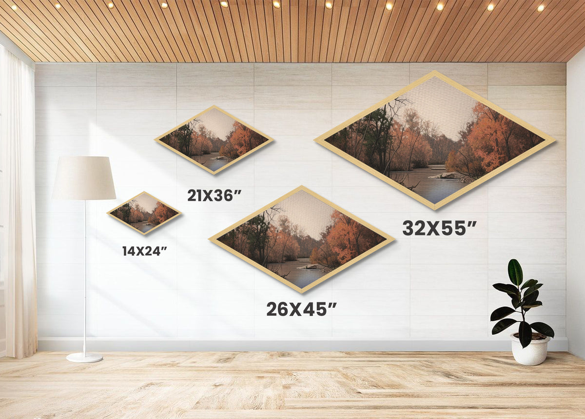 Autumn River Scene – Diamond Shaped Canvas Textured Print, Rustic Wall Art, Fall Landscape Decor, Nature-Inspired Gift, Cabin Living Room