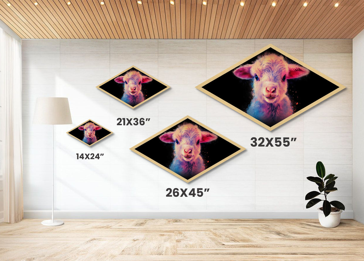 Neon Lamb Glow – Diamond Shaped Canvas Embossed Print, Vibrant Nursery Animal Art, Cute Pastel Gift, Baby Room Farm Decor