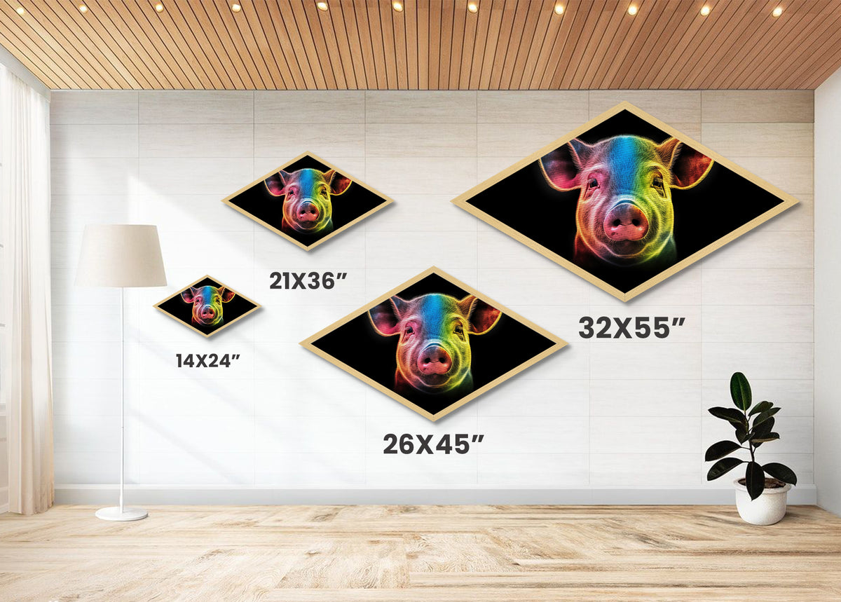 Radiant Piglet Portrait – Diamond Shaped Canvas Embossed Print, Farm Animal Wall Art, Neon Rainbow Decor, Kids Room Pop Style