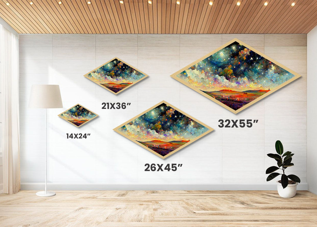 Enchanted Forest Path Diamond Shaped Canvas Embossed Print, glowing staircase fantasy decor, dreamy woodland surreal artwork