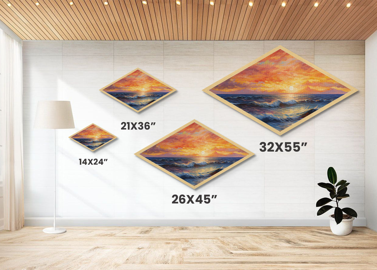 Ocean Sunset Diamond Shaped Canvas Art Print, Nautical Seascapes Painting, New England Style Art, Lakehouse Or Beach house Decor