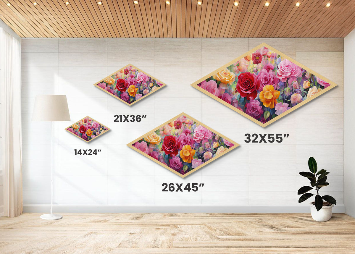 Garden Rose Symphony Diamond Shaped Canvas Art Print with pink red yellow roses, floral wall decor, romantic gift, nursery wall accent