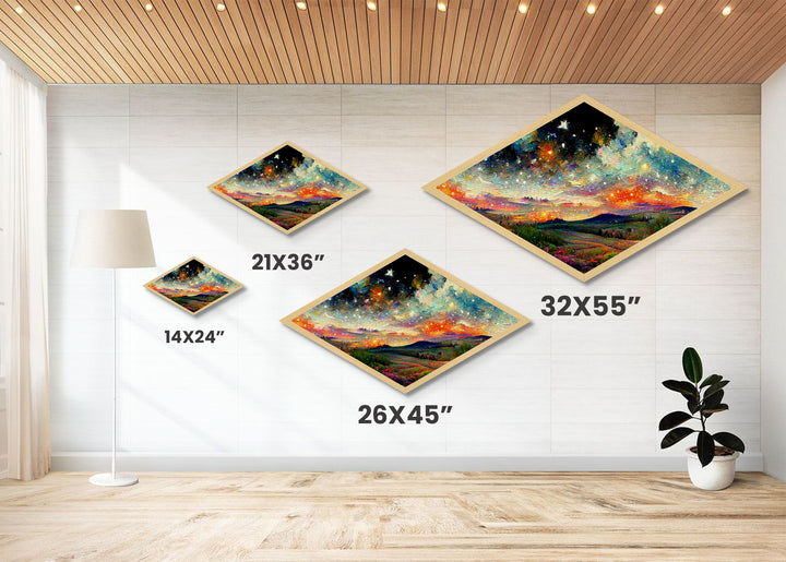 Celestial Dreamscape Field Diamond Shaped Canvas Art Print, night sky stars over hills, vibrant cosmic countryside fantasy decor