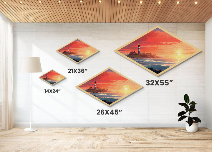Diamond Shaped Sunset Coastline – Canvas Textured Print with Lighthouse Wall Art, Beach House Decor, Nautical Ocean Scene, Summer Gift