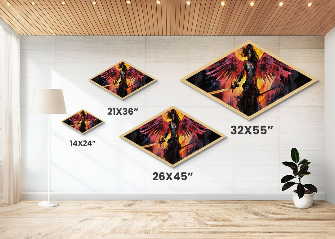 Blade Wing Warrior Diamond Shaped Angel Canvas Art Print fiery red wings sword epic fantasy female warrior modern home wall decor