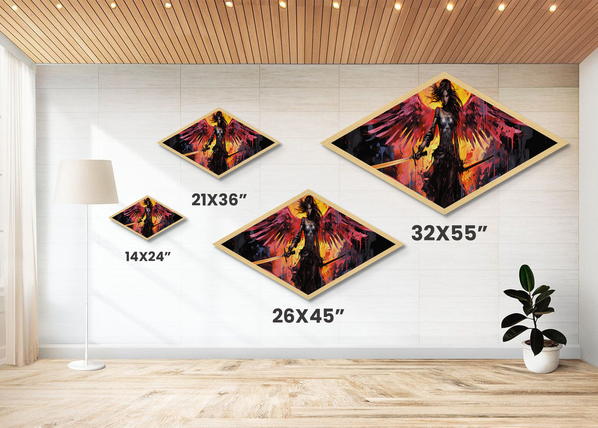 Blade Wing Warrior Diamond Shaped Angel Canvas Art Print fiery red wings sword epic fantasy female warrior modern home wall decor
