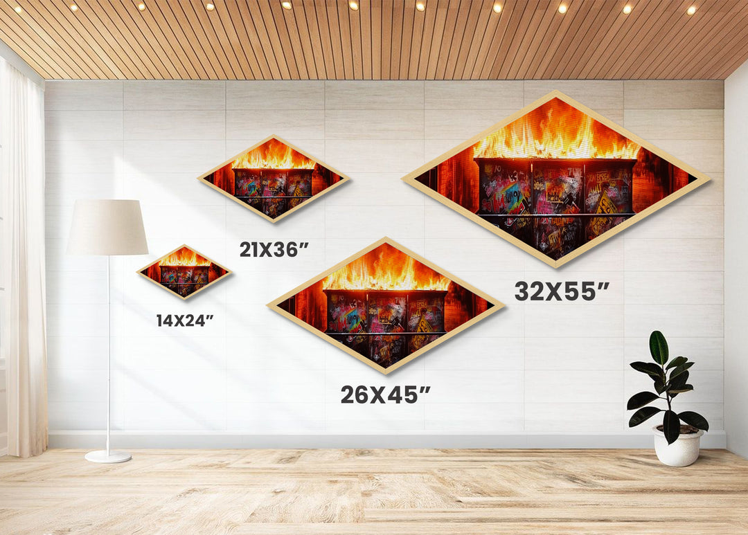 Dumpster Fire Chaos Diamond Shaped Graffiti Canvas Embossed Print burning urban street art protest pop culture modern edgy wall art