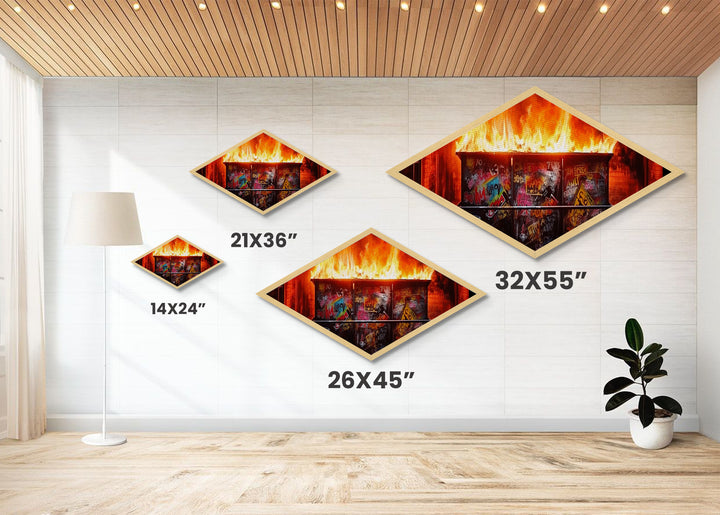 Dumpster Fire Chaos Diamond Shaped Graffiti Canvas Embossed Print burning urban street art protest pop culture modern edgy wall art