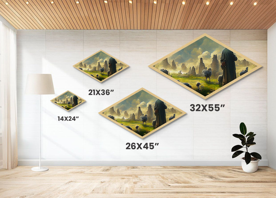 Shepherd’s Morning Peace Diamond Shaped Canvas Embossed Print, pastoral fantasy flock landscape, mystical sunrise with sheep art