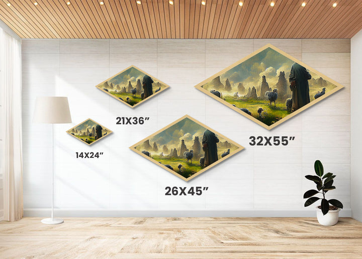 Shepherd’s Morning Peace Diamond Shaped Canvas Embossed Print, pastoral fantasy flock landscape, mystical sunrise with sheep art