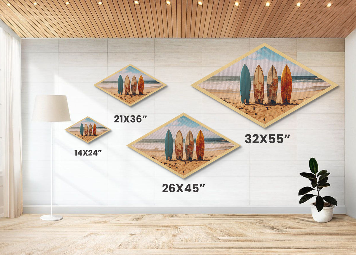 Vibrant Surf Quartet Diamond Shaped beach scene with surfboards wall decor Canvas Art Print coastal summer home accent gift idea