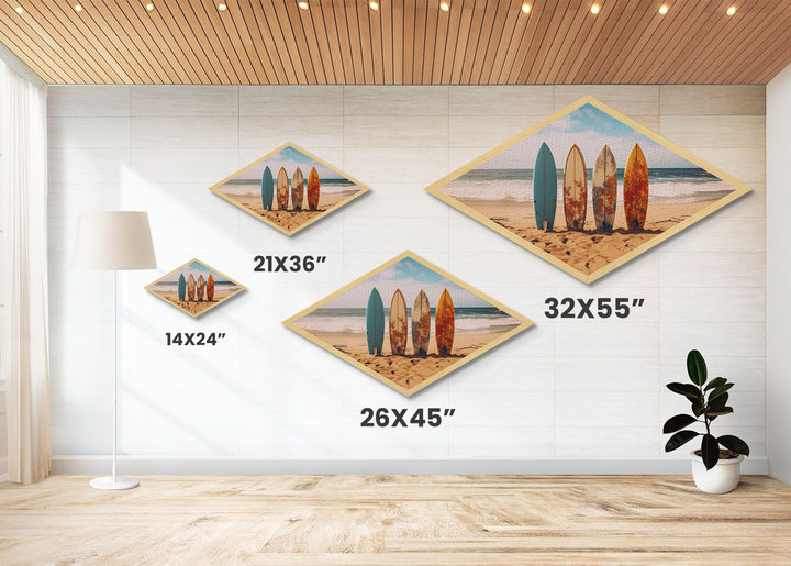 Vibrant Surf Quartet Diamond Shaped beach scene with surfboards wall decor Canvas Art Print coastal summer home accent gift idea