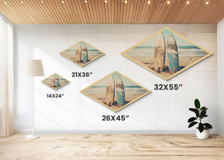 Vintage Surf Duo Diamond Shaped coastal surfboard wall art Canvas Embossed Print beach house rustic vibe nostalgic surfing aesthetic