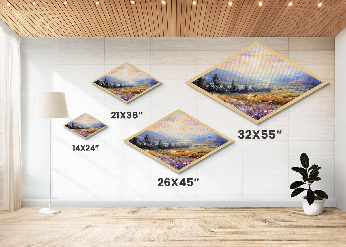 Morning Valley Bloom Diamond Shaped scenic countryside sunrise Canvas Art Print floral landscape painting warm family room decor