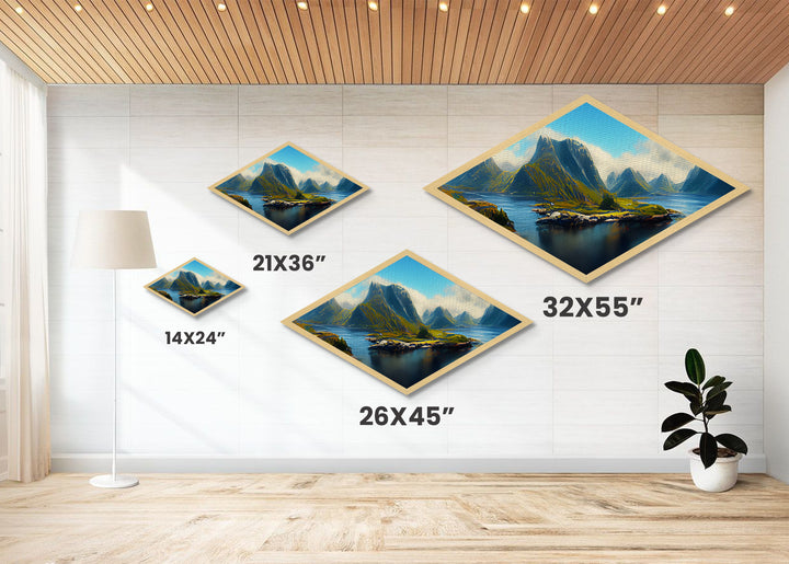Nordic Fjord Serenity Diamond Shaped Canvas Textured Print, Scandinavian mountain lake art, dramatic nature wilderness wall decor