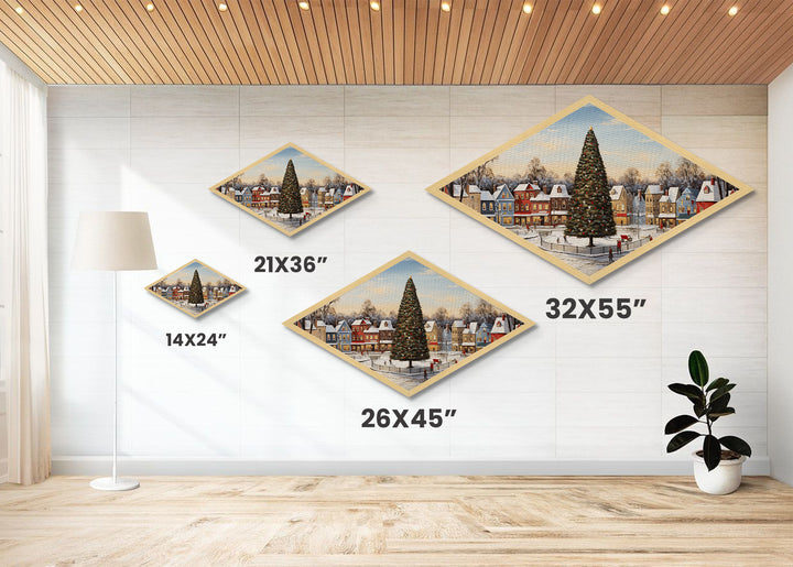 Festive Town Square Diamond Shaped Canvas Embossed Print Christmas tree snowy village nostalgia seasonal living room holiday wall