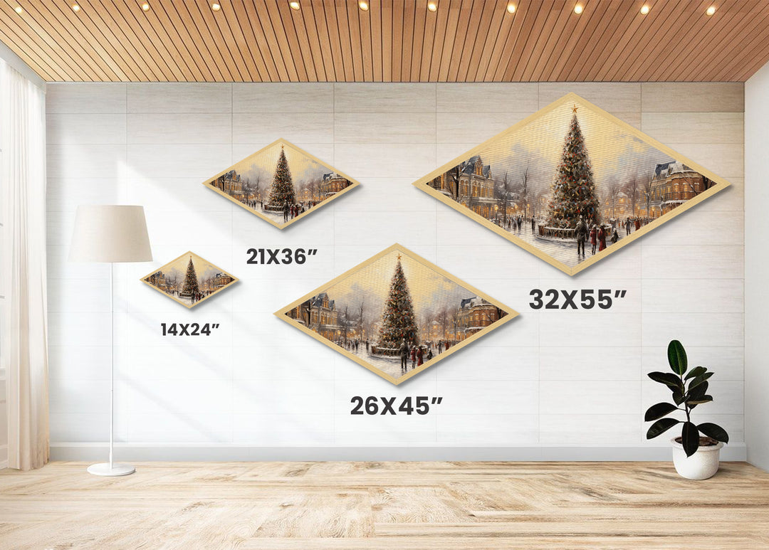 Winter Tree Gathering Diamond Shaped Canvas Art Print snowy downtown scene nostalgic holiday decor perfect wall accent Christmas