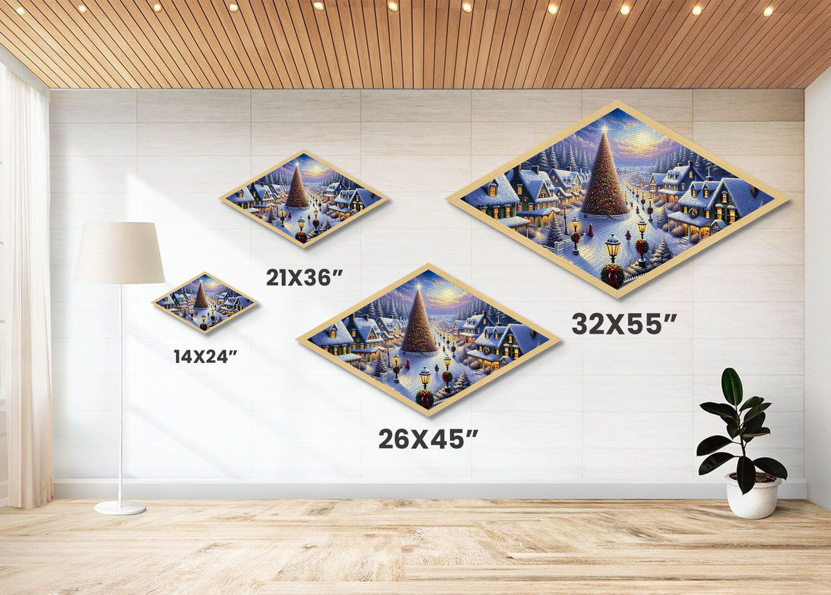 Magic Tree Lane Diamond Shaped Canvas Art Print snowy Christmas town glowing lights holiday gift home wall decor winter wonderland