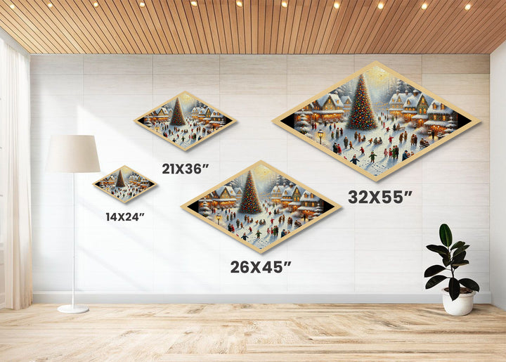 Village Tree Fest Diamond Shaped Canvas Embossed Print charming Christmas town nostalgic seasonal decor snowy wall art living room