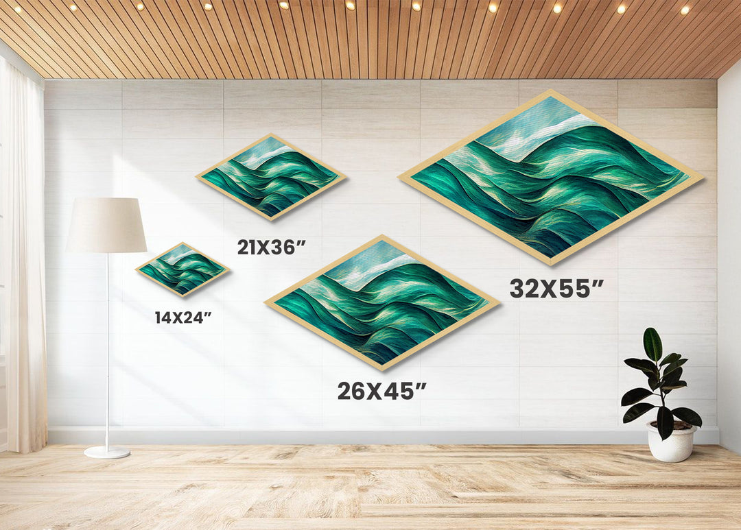 Ocean Flow Rhythm Diamond Shaped Canvas Art Print, Abstract Sea Waves Wall Decor, Modern Coastal Blue Green Nautical Room Accent