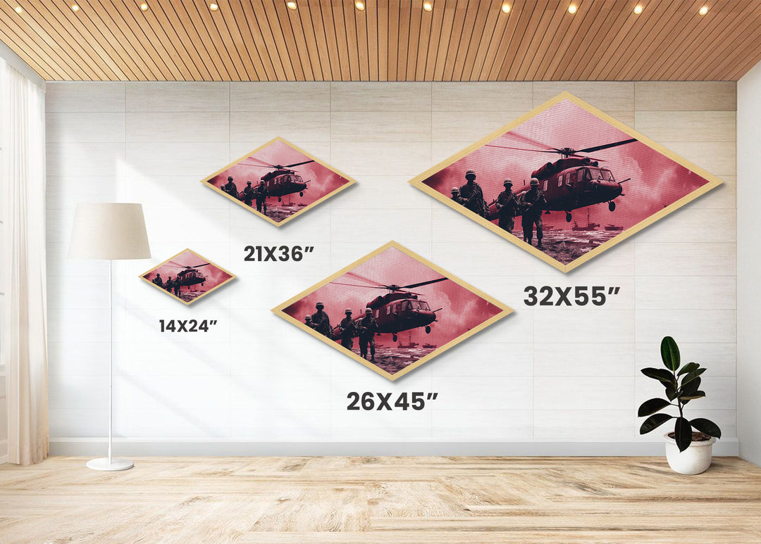 Tactical Insertion Helicopter — Diamond Shaped Canvas Art Print for military home office, aviation gift, soldier room wall decor