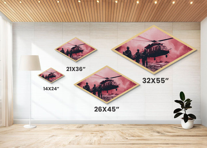 Tactical Insertion Helicopter — Diamond Shaped Canvas Art Print for military home office, aviation gift, soldier room wall decor