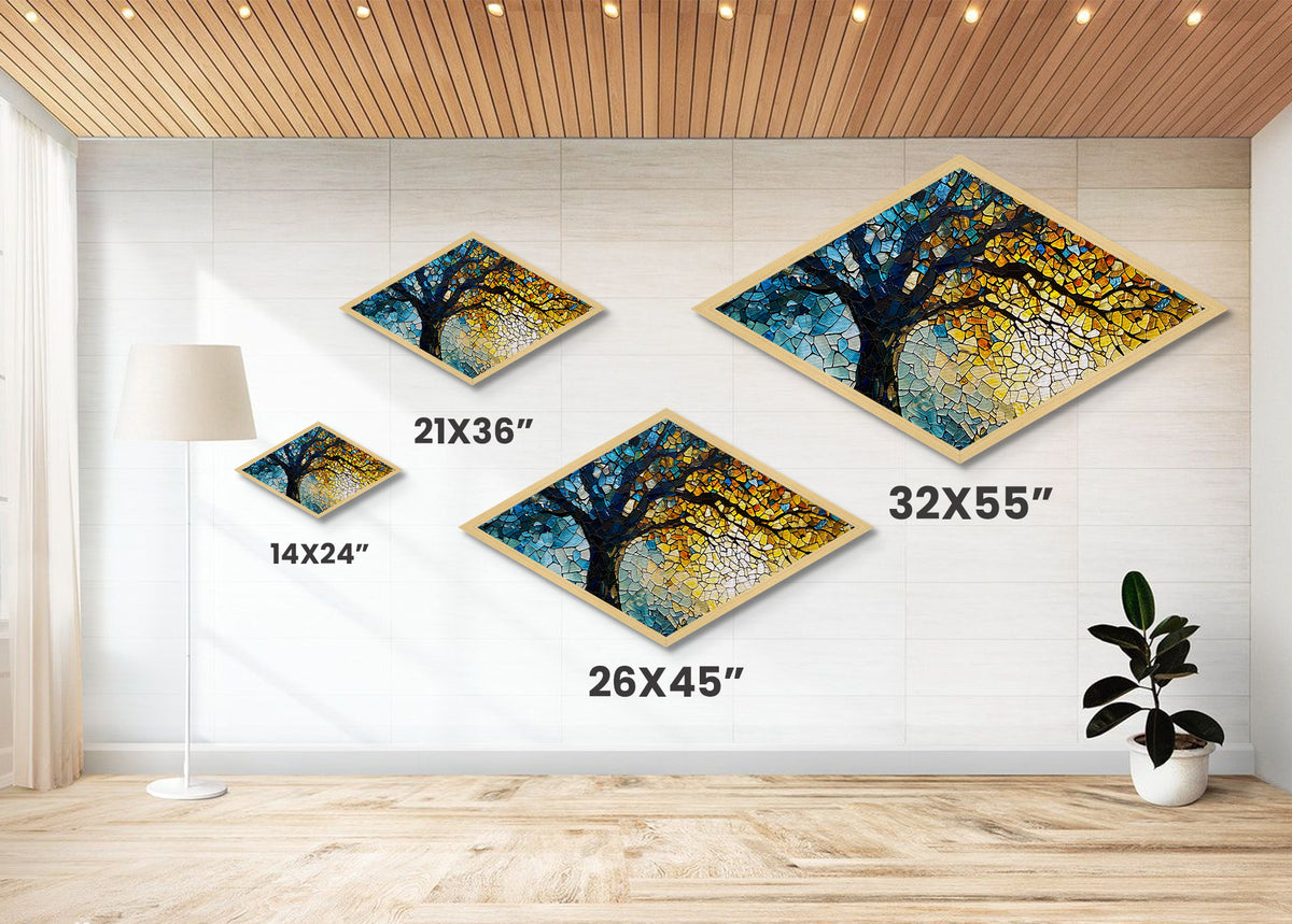 Tree of Radiance — Diamond Shaped Canvas Embossed Print mosaic nature decor, stained glass style, spiritual healing tree wall piece