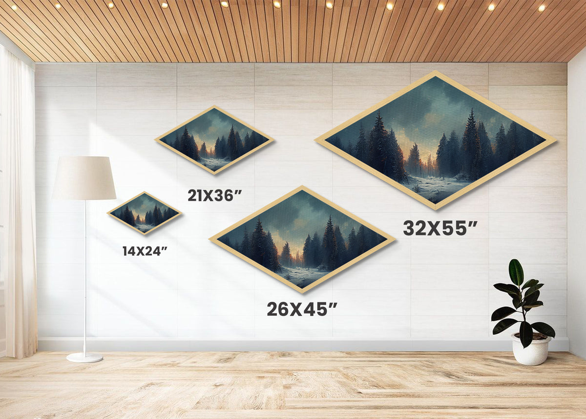 Snowy Forest Twilight Diamond Shaped Canvas Textured Print, Winter Pines Sunset Wall Art, Cozy Rustic Cabin Nature Scene Accent
