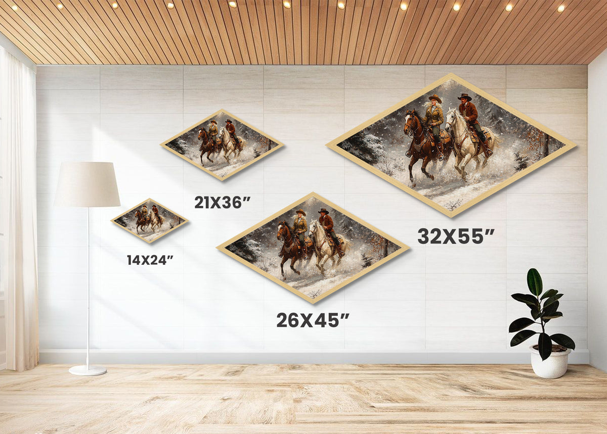 Snowy Ride Together Diamond Shaped Canvas Textured Print rustic winter cowboy wall art lodge decor western cabin Christmas gift