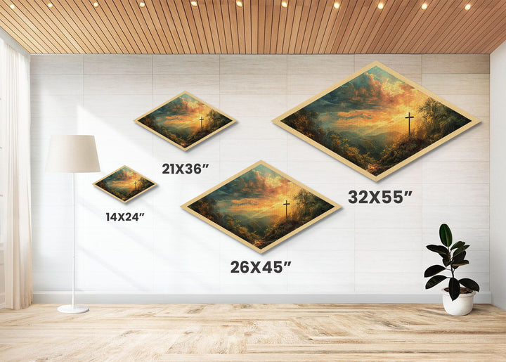Glory Hill Sunrise Diamond Shaped Canvas Embossed Print Christian spiritual artwork living room decor Easter resurrection gift
