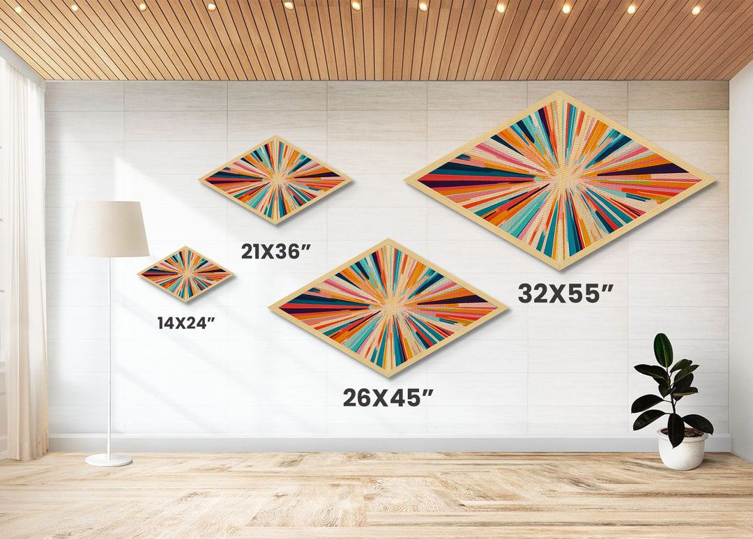 Color Burst Fusion Diamond Shaped Canvas Embossed Print energetic rainbow abstract painting wall art studio accent or creative gift idea