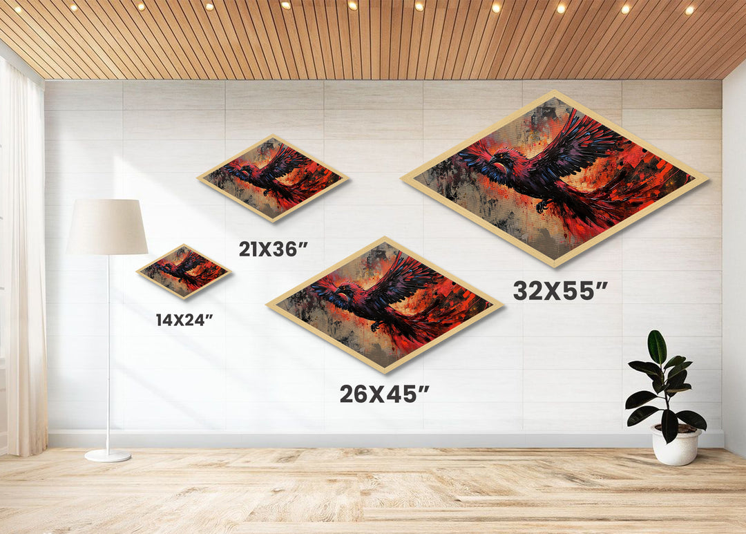 Fiery Phoenix Flight Diamond Shaped Canvas Textured Print red black bird in motion dynamic modern expressionism bold home wall statement