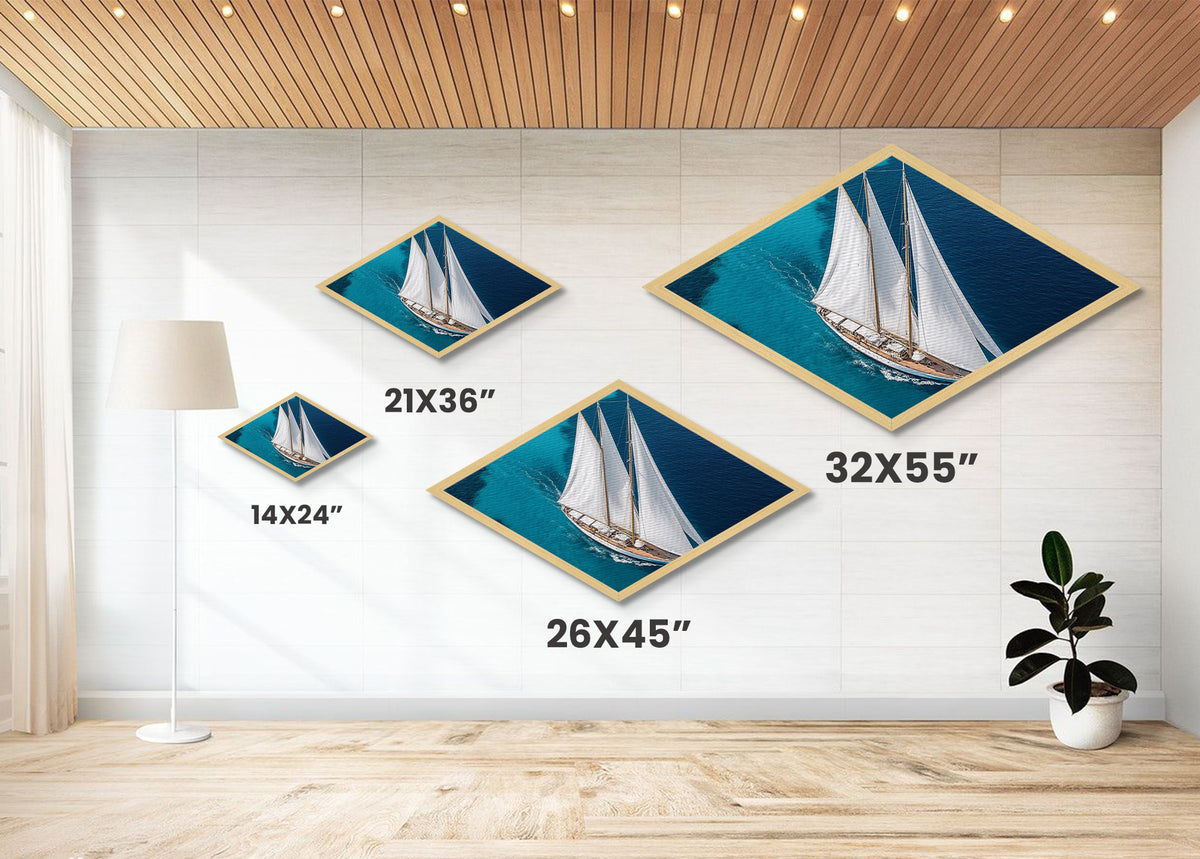 Azure Horizon Yacht Diamond Shaped Canvas Art Print elegant sailing ship overhead view crisp turquoise waters nautical wall decor piece