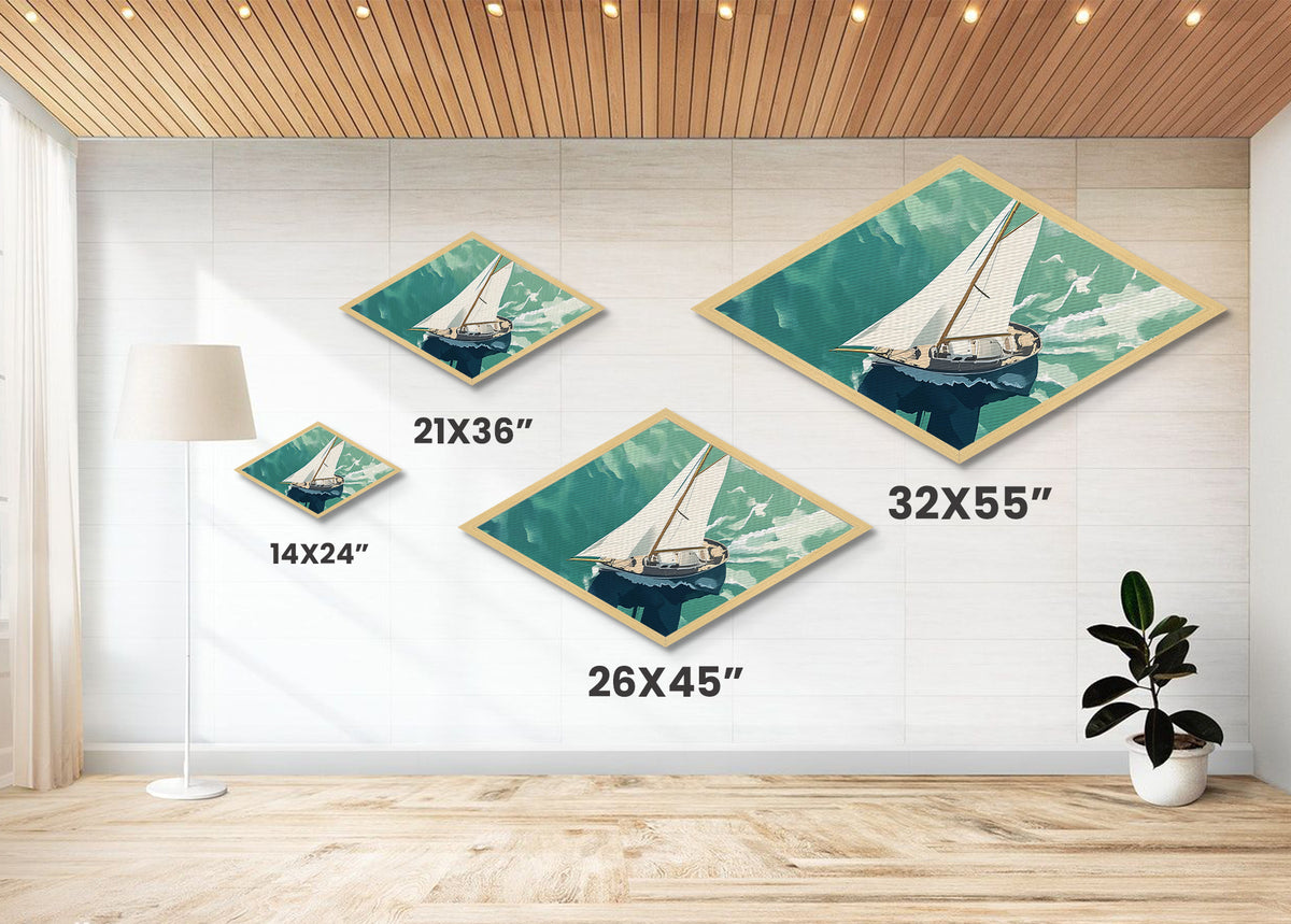 Serene Sailing Calm Diamond Shaped Canvas Textured Print illustrated boat over green sea minimalist marine design tranquil beach house vibe