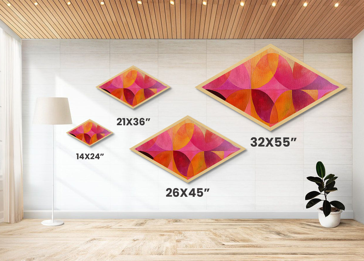 Geometric Bloom Shapes Diamond Shaped Canvas Art Print retro orange pink red modern abstract circles aesthetic boho room or dorm style