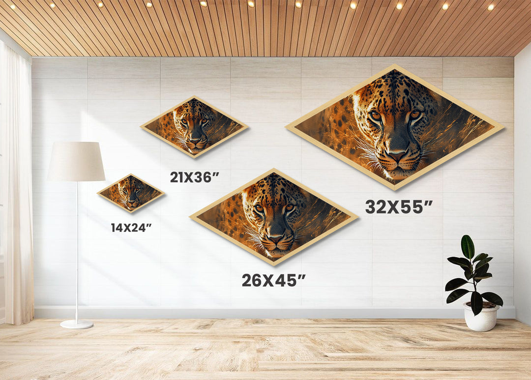 Electric Leopard Gaze Diamond Shaped Canvas Embossed Print Big Cat Wall Art Jungle Animal Decor Wildlife Accent Living Room Bold Gift