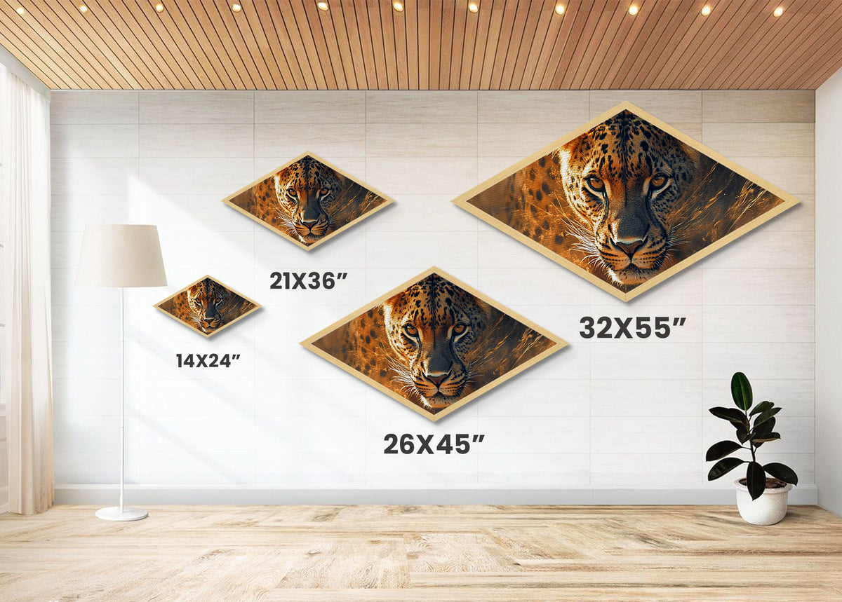 Electric Leopard Gaze Diamond Shaped Canvas Embossed Print Big Cat Wall Art Jungle Animal Decor Wildlife Accent Living Room Bold Gift