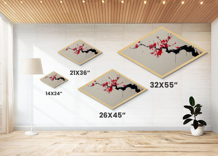 Crimson Blossom Flow Diamond Shaped Canvas Art Print Cherry Tree Japanese Ink Painting Nature Wall Decor Office or Bedroom Accent Piece