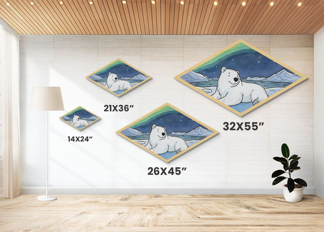 Polar Glow Bear - Diamond Shaped Canvas Textured Print Aurora Borealis Nursery Decor Arctic Animal Art Winter Wonderland Gift