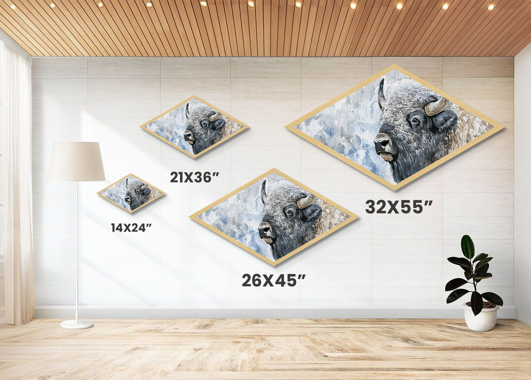 Snowy Bison - Diamond Shaped Canvas Art Print Western Wildlife Wall Decor Lodge Rustic Art Winter Buffalo Cabin Nature Accent