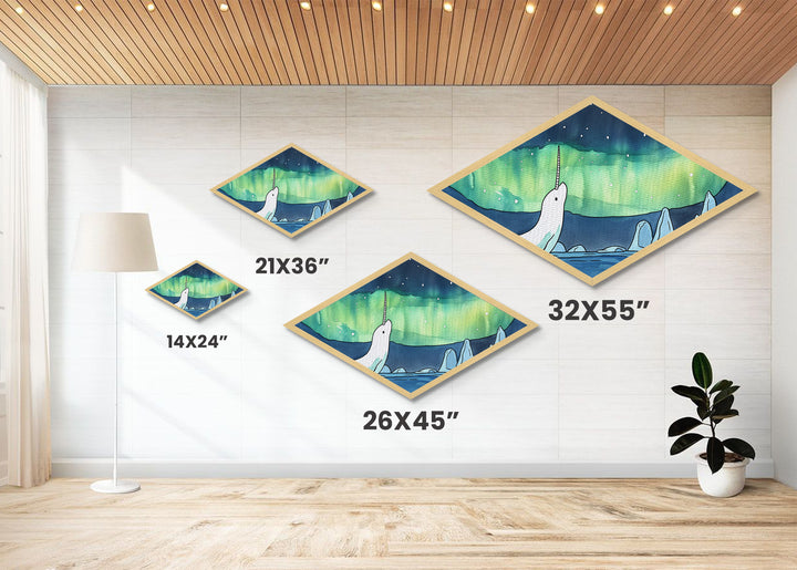 Whimsical Narwhal In The Arctic Canvas Textured Art Print, Diamond Shaped Wall Art, Aurora Borealis Wall Art, Cute Art